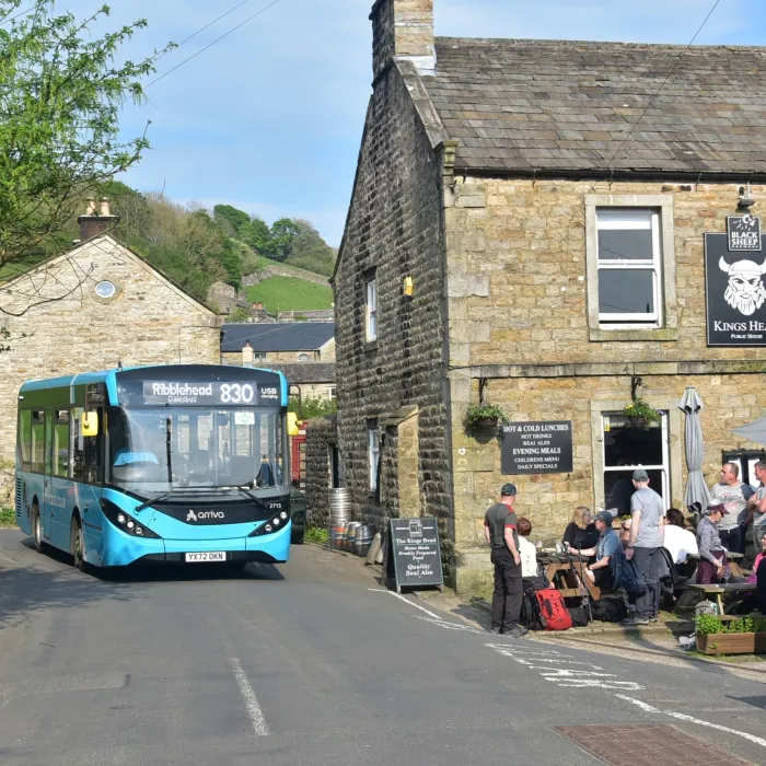 The 830 Northern DalesBus at Gunnerside on its way to Ribblehead.