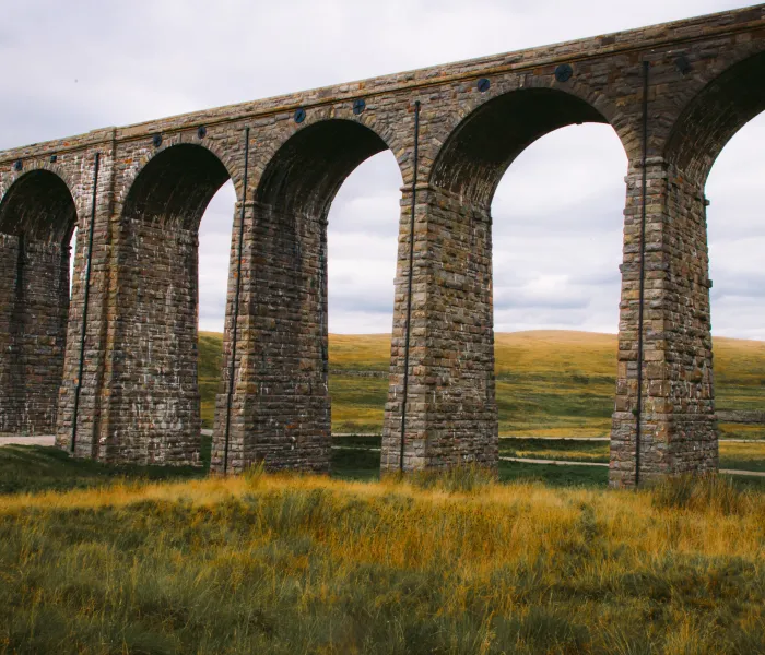 A stone viaduct in a green pasture. Ribblehead viaduct.