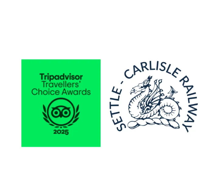 Gree square with Tripadvisor award 2025 and Settle Carlisle Railway logo