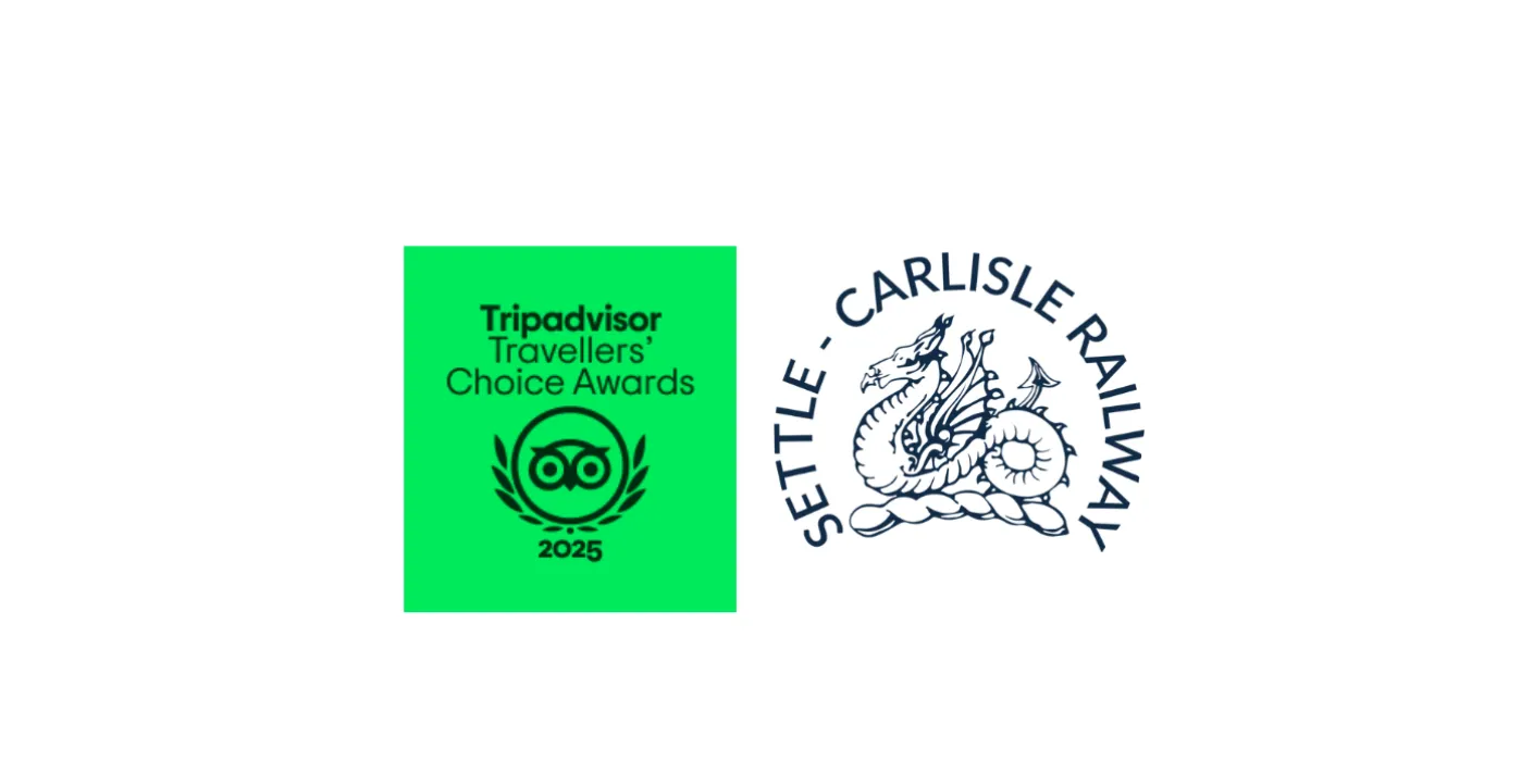 Gree square with Tripadvisor award 2025 and Settle Carlisle Railway logo
