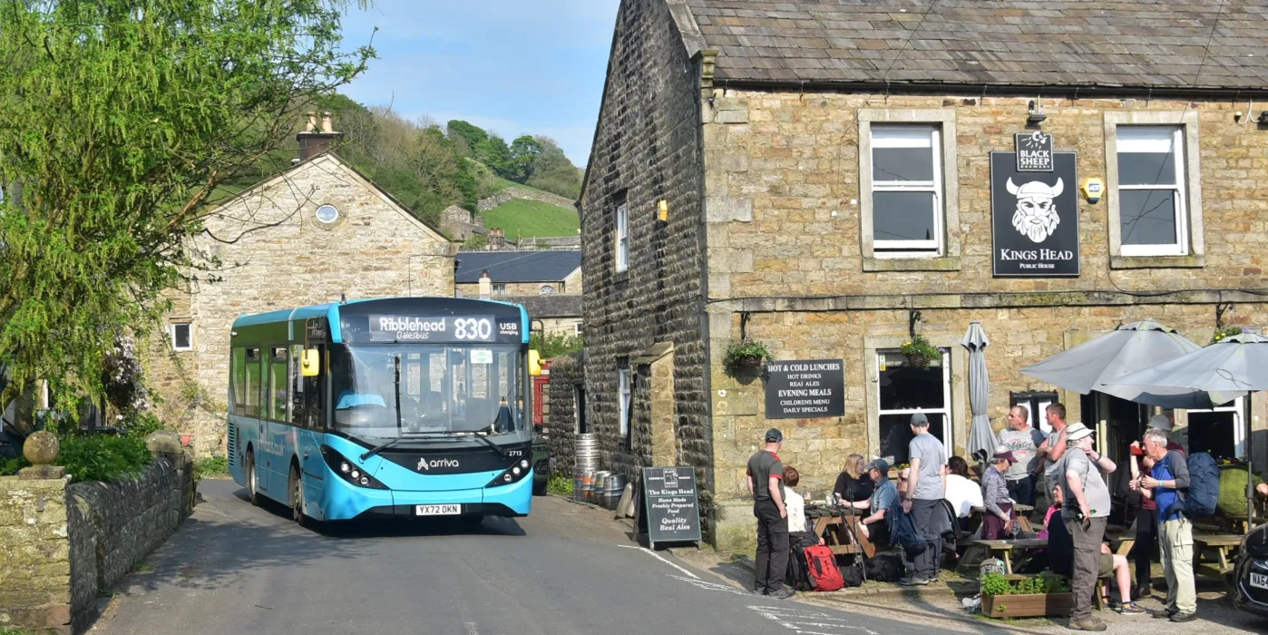 The 830 Northern DalesBus at Gunnerside on its way to Ribblehead.